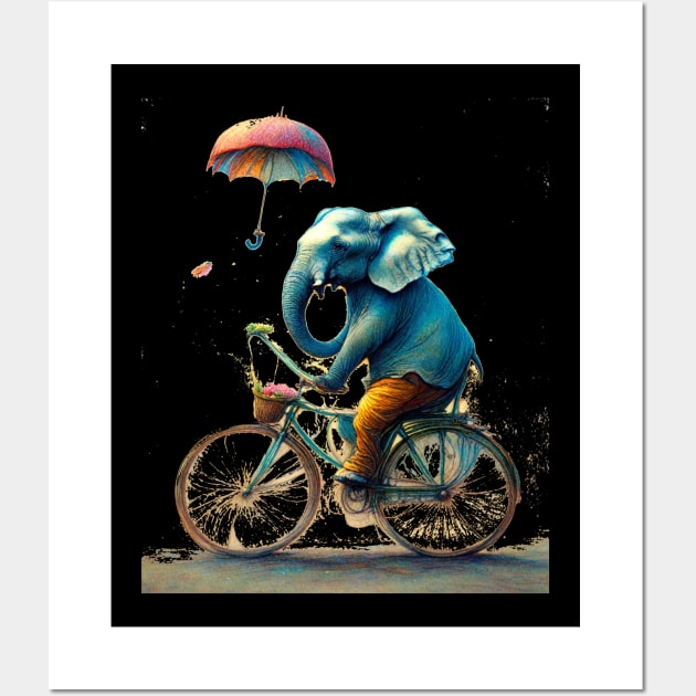 An elephant on a bicycle, holding an umbrella. Wall Art by DesignersPrints2023